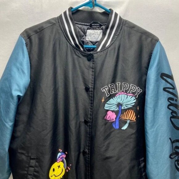 Rue21 Varsity Bomber Jacket Men's Medium Black Teal Trippy Wild Life Graphic EUC - Picture 2 of 13